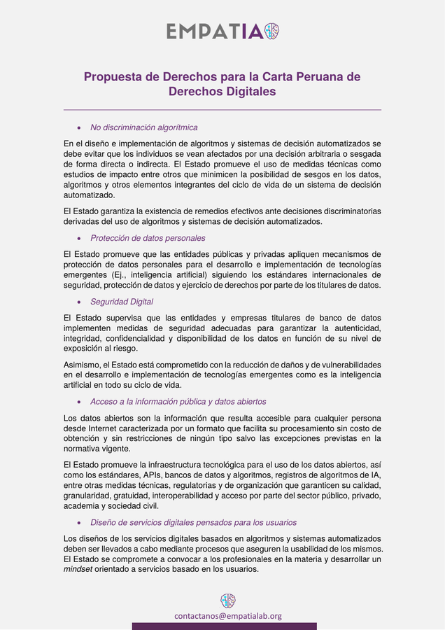 Primera página del documento: Propuesta de Derechos para la Carta Peruana de Derechos Digitales
